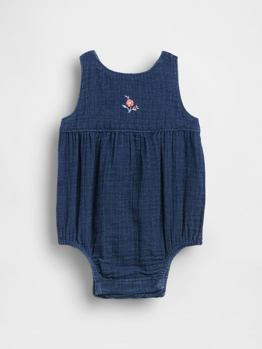 Koyu Mavi Pamuk Gauze Denim Balon Bodysuit