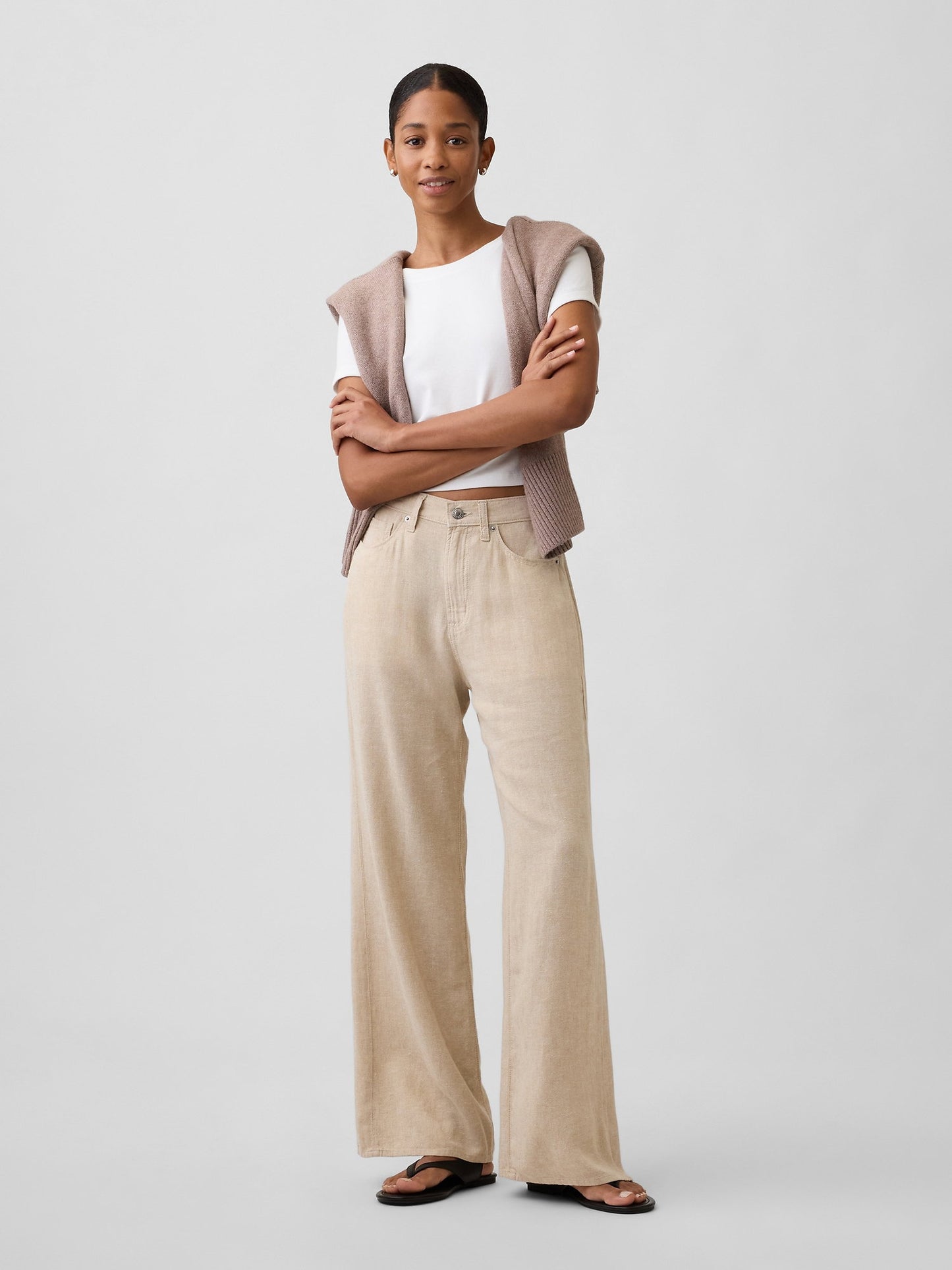 Bej High Rise Keten Karışımı Wide-leg Pantolon