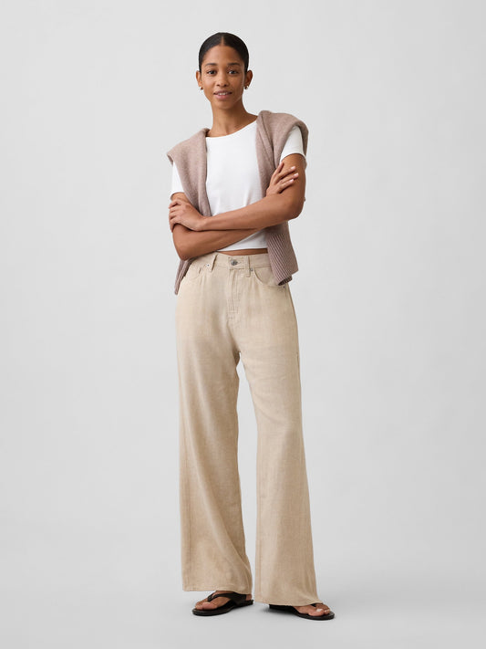 Bej High Rise Keten Karışımı Wide-leg Pantolon