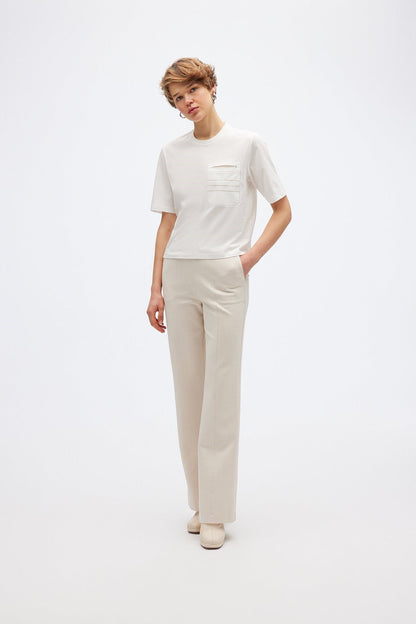 Cep Detaylı Basic Ekru T-shirt