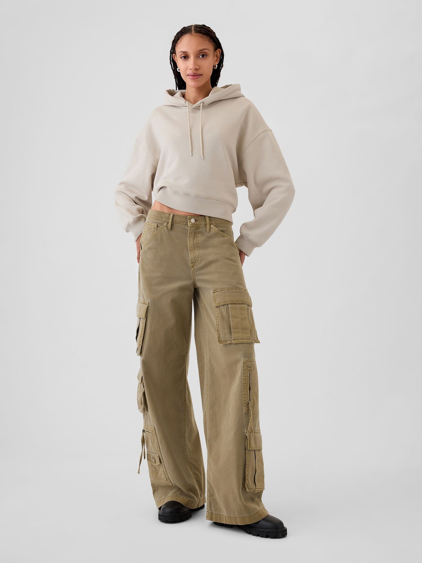 Bej Mid Rise Relaxed Kargo Pantolon