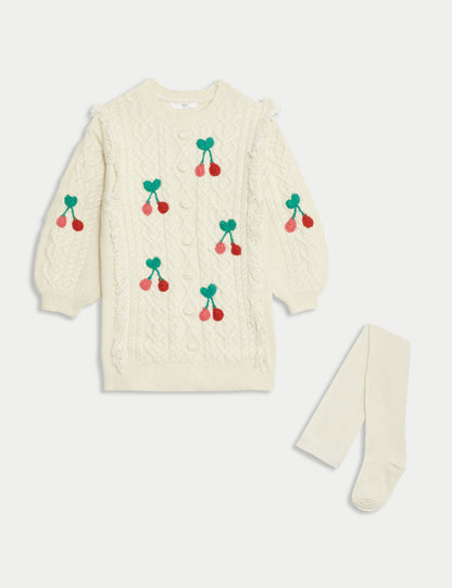 2'li Örgü Kiraz Desenli Elbise Ve Külotlu Çorap Outfit Set (2-8 Yaş)