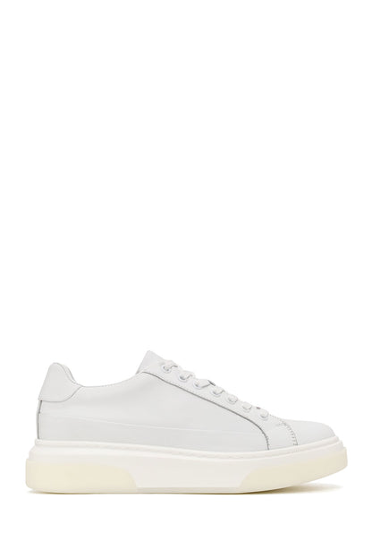 Erkek Beyaz Bağcıklı Kalın Tabanlı Deri Sneaker