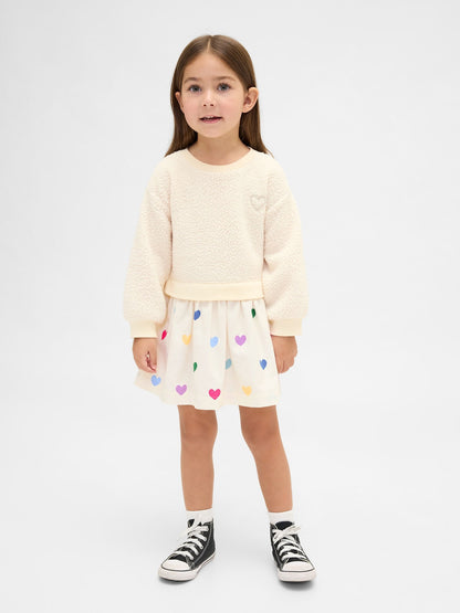 Krem Mixed Media Kalp Desenli Sweatshirt Elbise