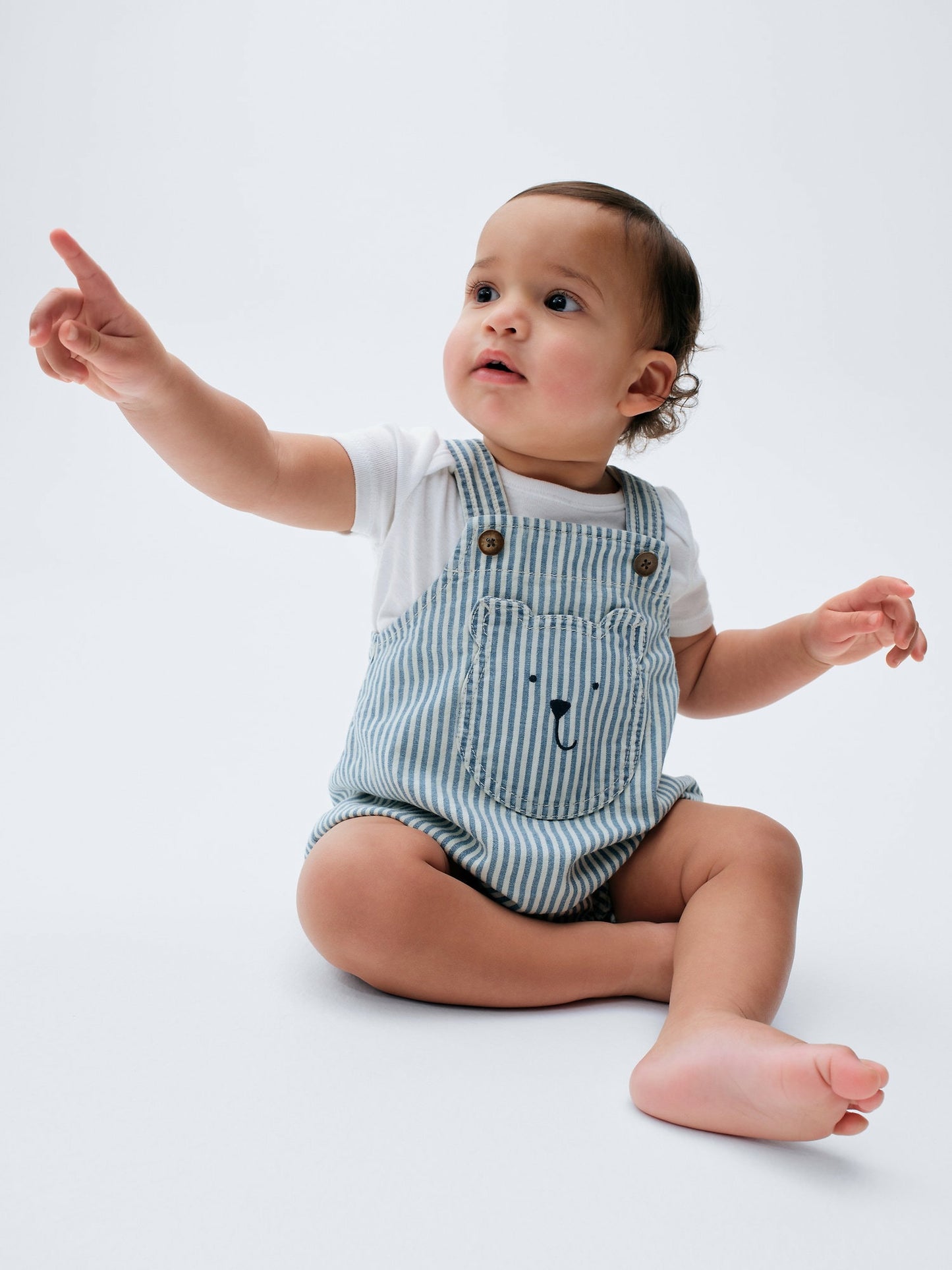 Açık Mavi Denim Çizgili Ayı Cepli Balon Tulum