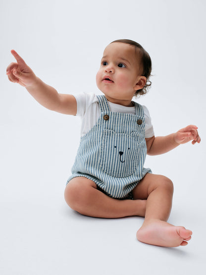Açık Mavi Denim Çizgili Ayı Cepli Balon Tulum