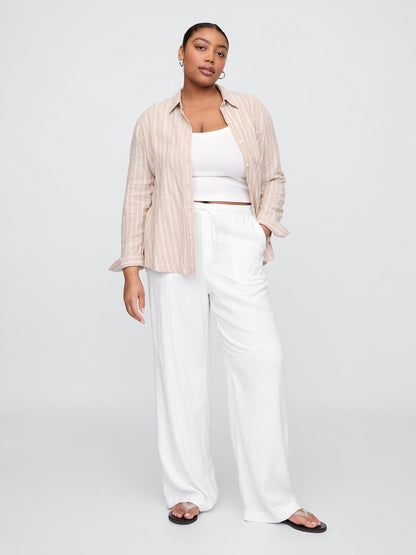 Beyaz Mid Rise Keten Karışımlı Pull-on Wide-leg Pantolon