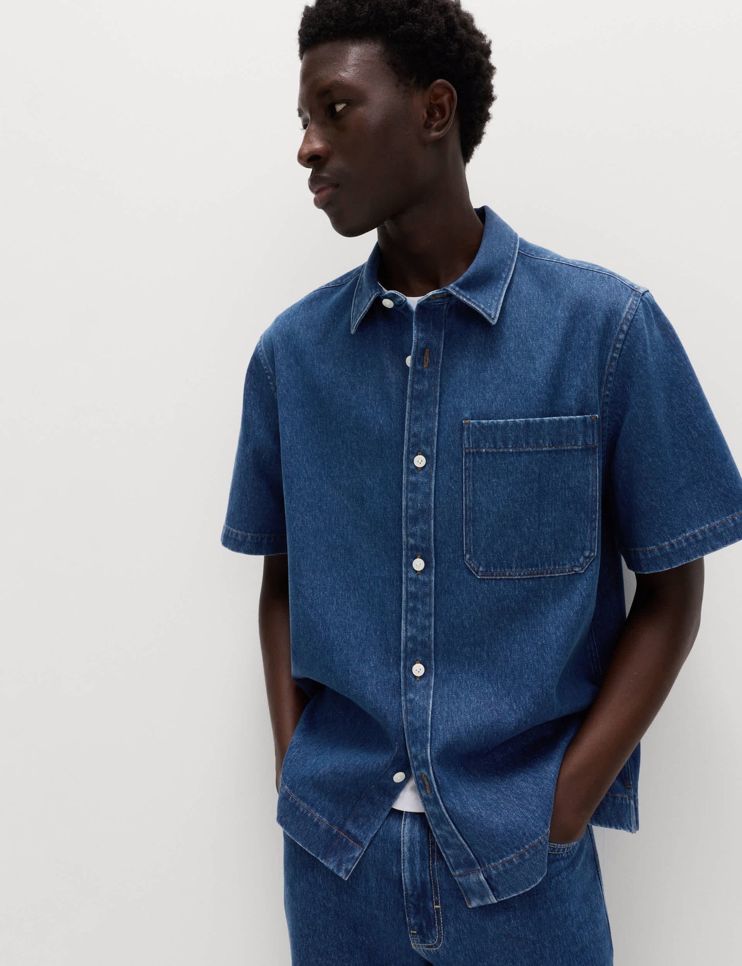 Saf Pamuklu Denim Kısa Kollu Gömlek