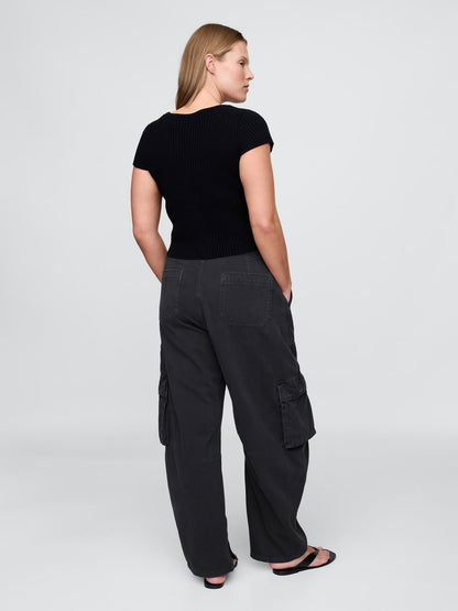 Siyah Mid Rise Barrel Kargo Pantolon