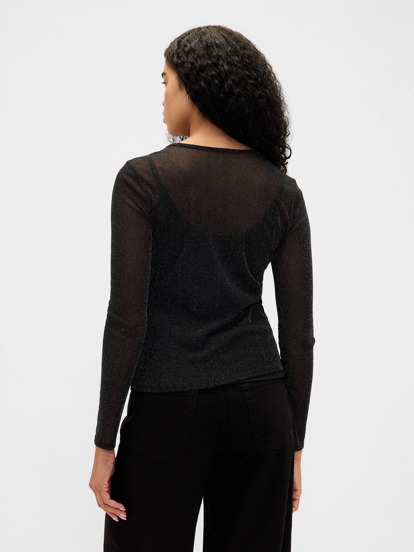 Siyah Sheer Metallic Mesh T-shirt