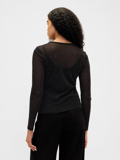 Siyah Sheer Metallic Mesh T-shirt