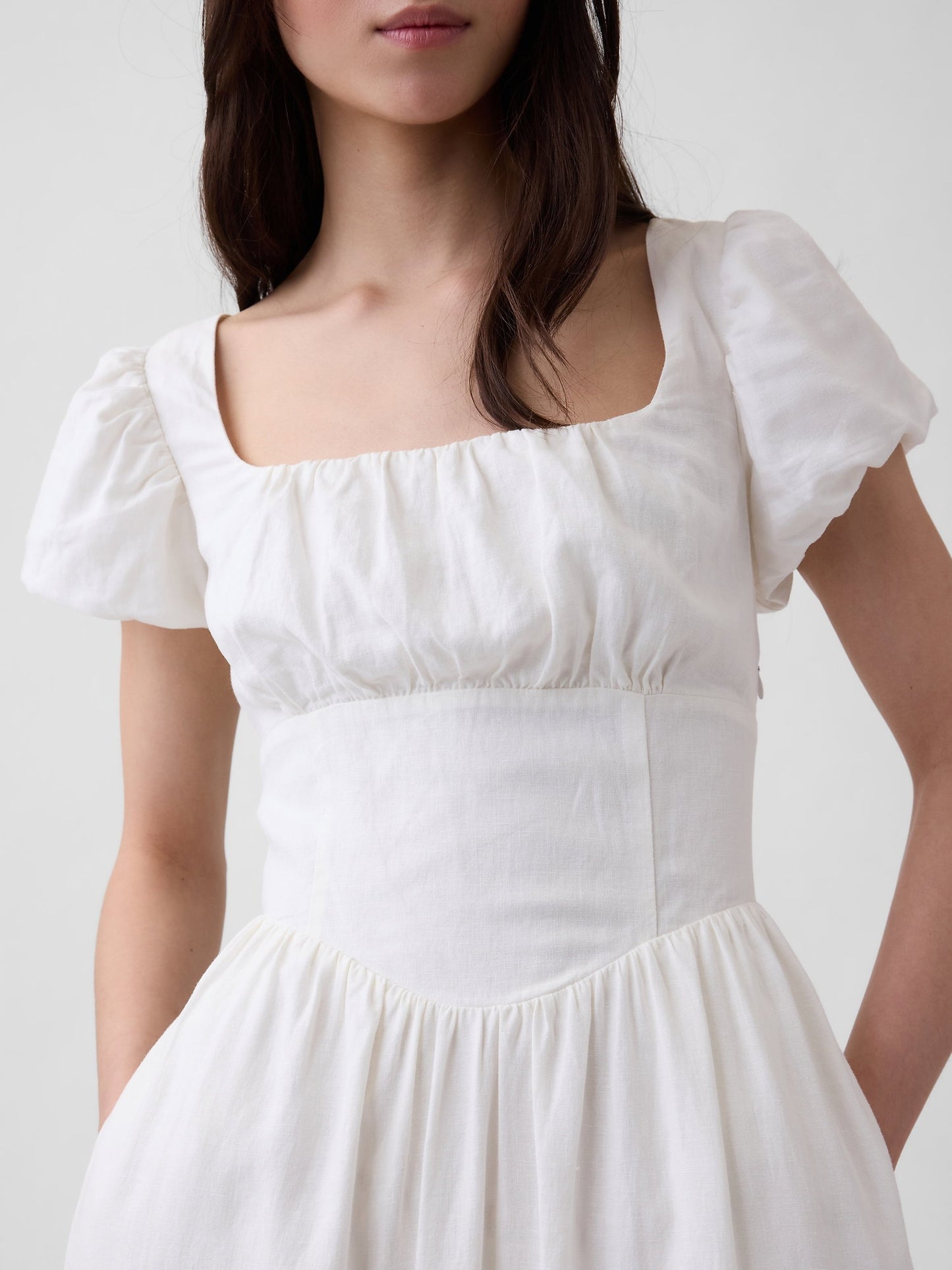 Beyaz Keten Karışımı Drop-waist Maxi Elbise