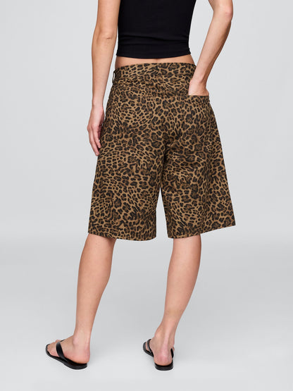 Kahverengi 11 Mid Rise Denim Leopar Longline Şort