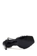 Kadın Siyah Bilekten Bağlamalı Ince Yüksek Topuklu Rugan Deri Sandalet