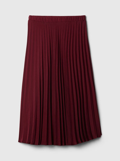 Bordo Pile Detaylı Saten Midi Etek