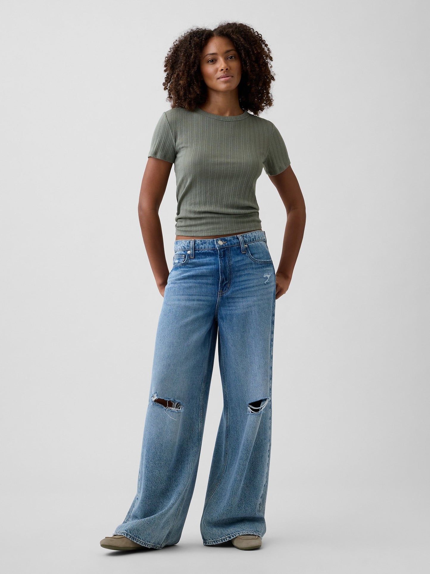 Haki Fitilli Pointelle Crewneck T-shirt