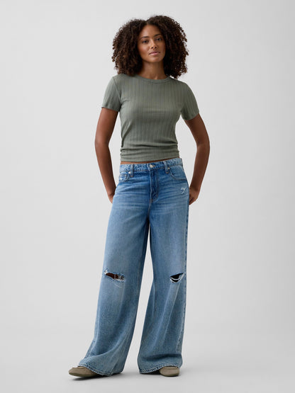 Haki Fitilli Pointelle Crewneck T-shirt
