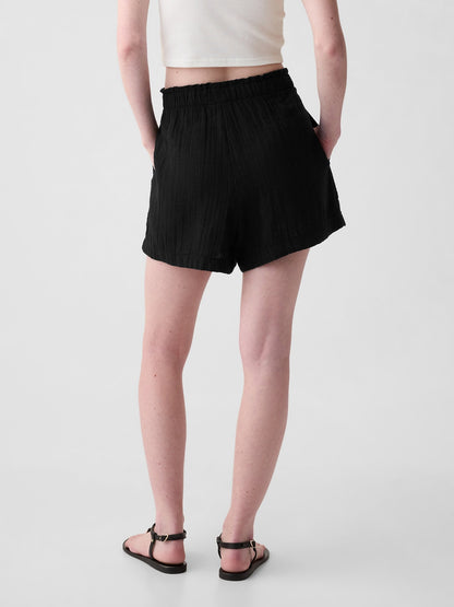 Siyah Crinkle Gauze Pull-on Şort