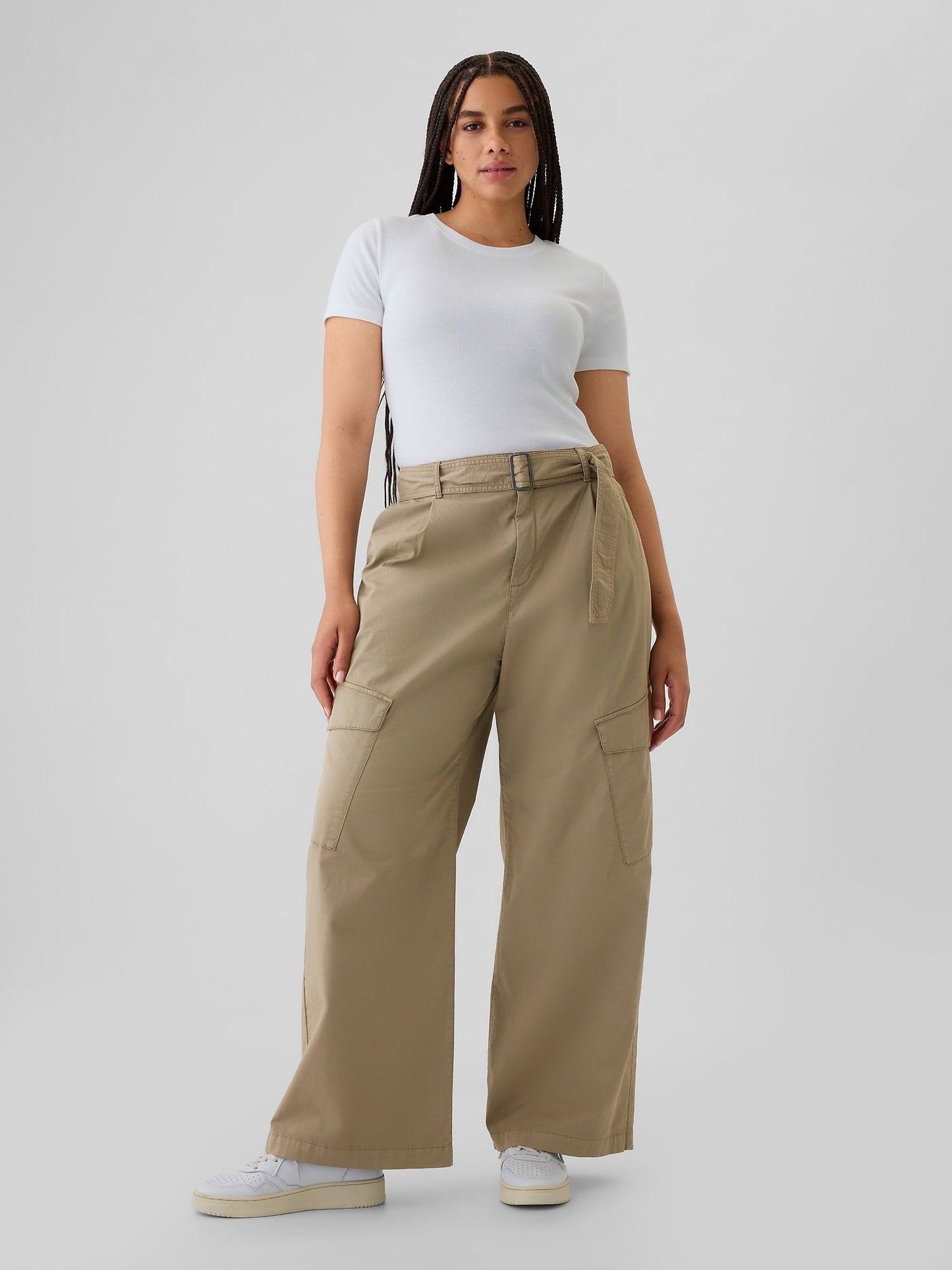 Bej High Rise Kargo Baggy Pantolon