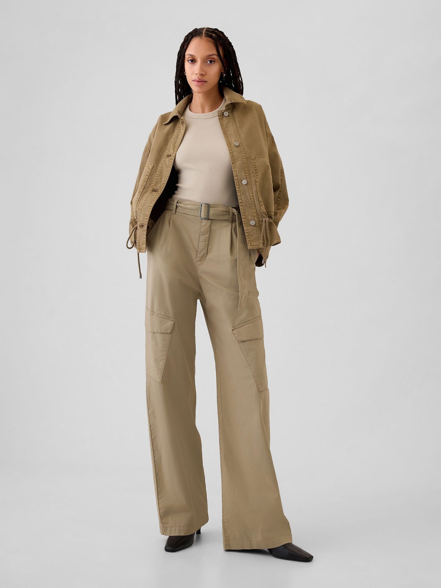 Bej High Rise Kargo Baggy Pantolon