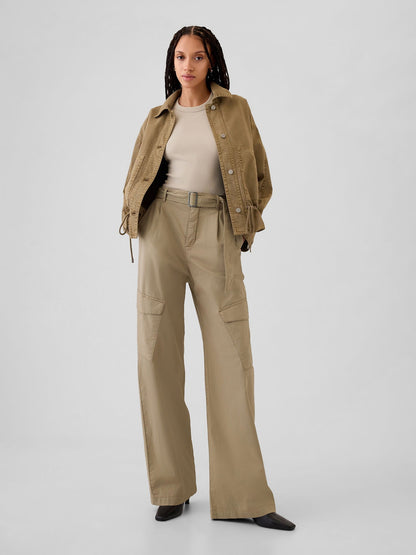 Bej High Rise Kargo Baggy Pantolon