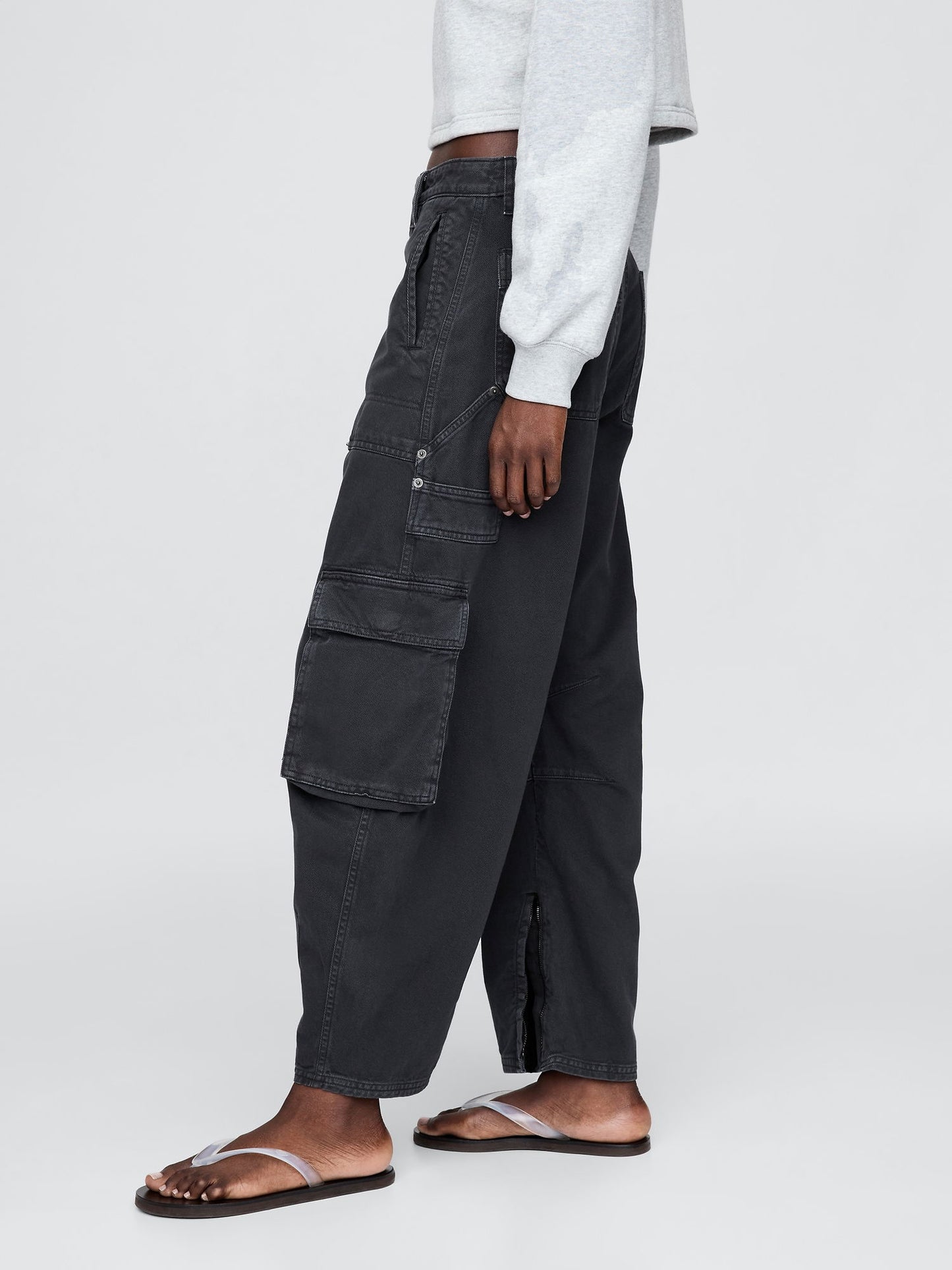 Siyah Mid Rise Barrel Kargo Pantolon