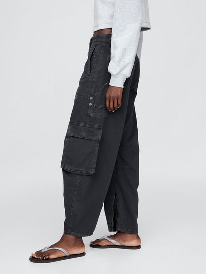 Siyah Mid Rise Barrel Kargo Pantolon