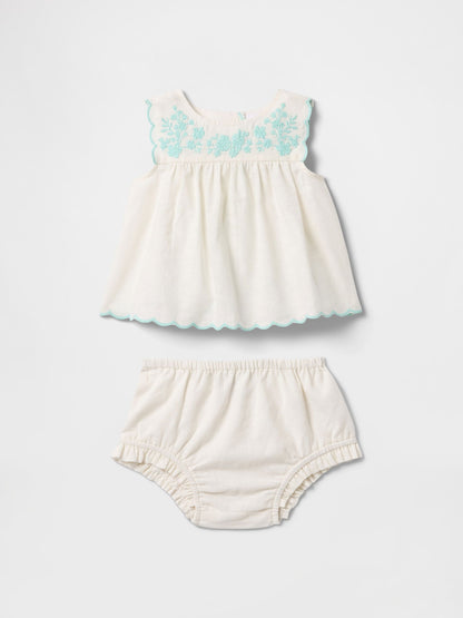 Beyaz Keten Işlemeli Outfit Set