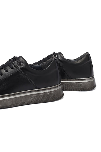 Erkek Siyah Bağcıklı Deri Sneaker