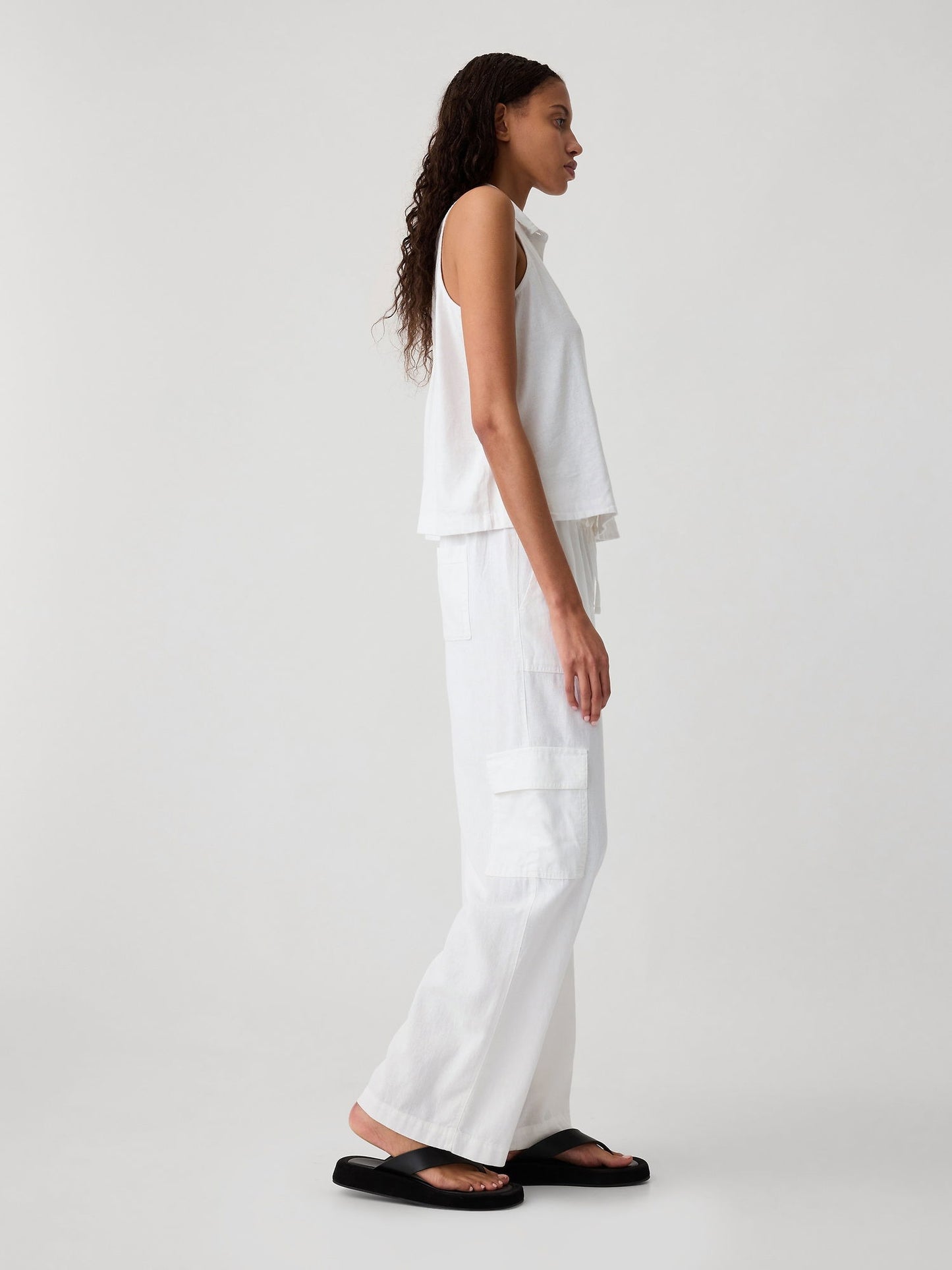 Beyaz Keten Karışımlı Wide-leg Kargo Pull-on Pantolon