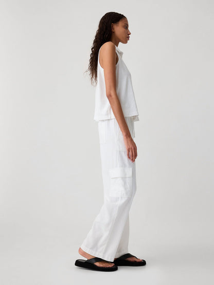 Beyaz Keten Karışımlı Wide-leg Kargo Pull-on Pantolon