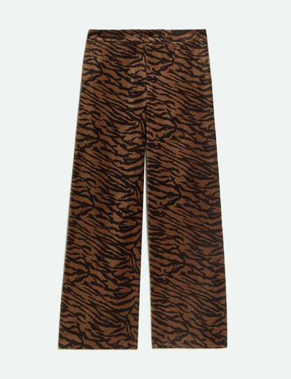Kadife Leopar Desenli Wide Leg Pantolon