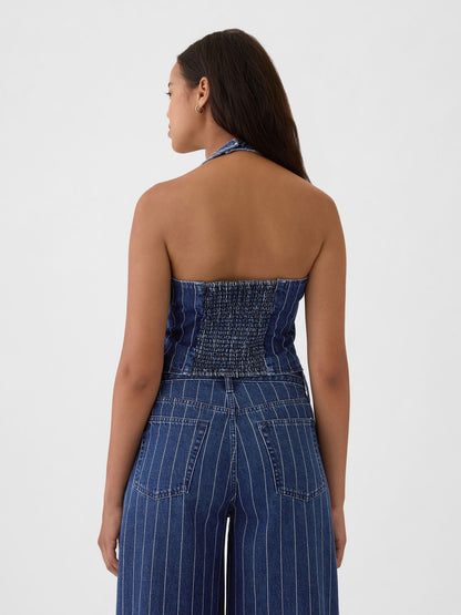Koyu Mavi Halter Yaka Denim Yelek