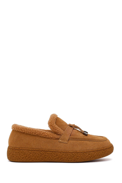 Kadın Camel Tokalı Kalın Tabanlı Süet Deri Teddy Loafer