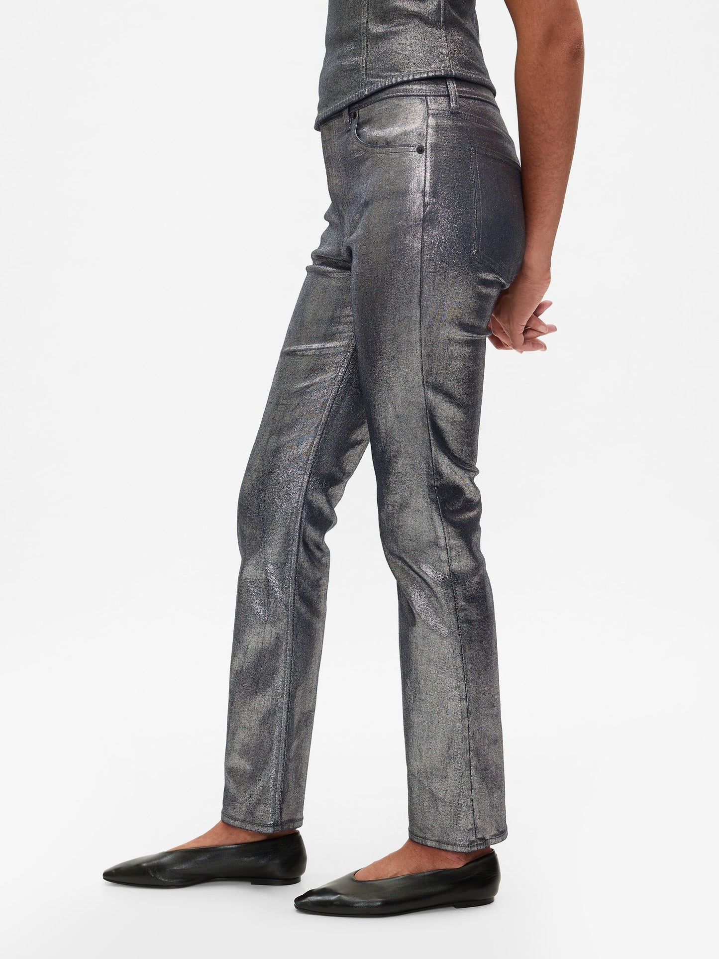Gri High Rise Metalik '90s Straight Jean Pantolon