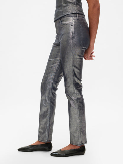 Gri High Rise Metalik '90s Straight Jean Pantolon
