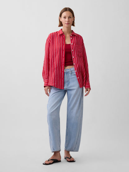 Kırmızı 100% Keten Oversize Gömlek