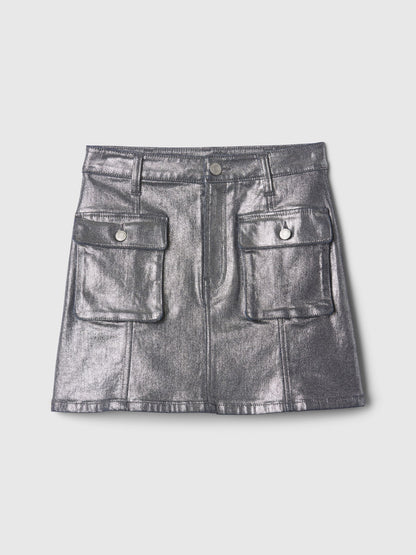 Gri Parlak Kargo Denim Etek