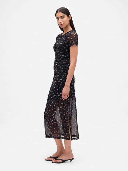 Çiçek Desenli Mesh Maxi Elbise