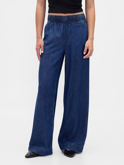 Koyu Mavi Mid Rise Ultrasoft Pileli Baggy Jean Pantolon