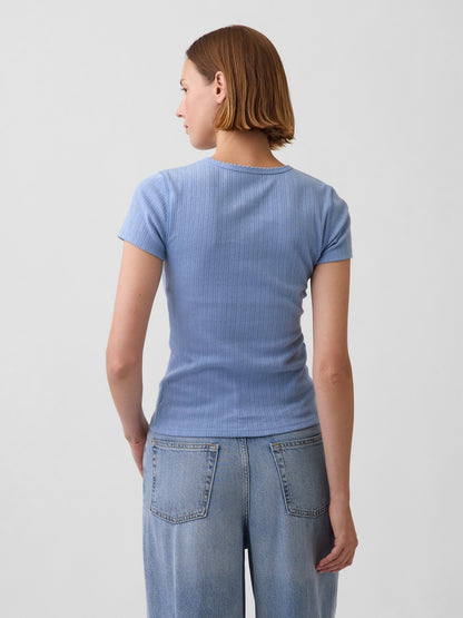 Beyaz Pointelle Bisiklet Yaka T-shirt