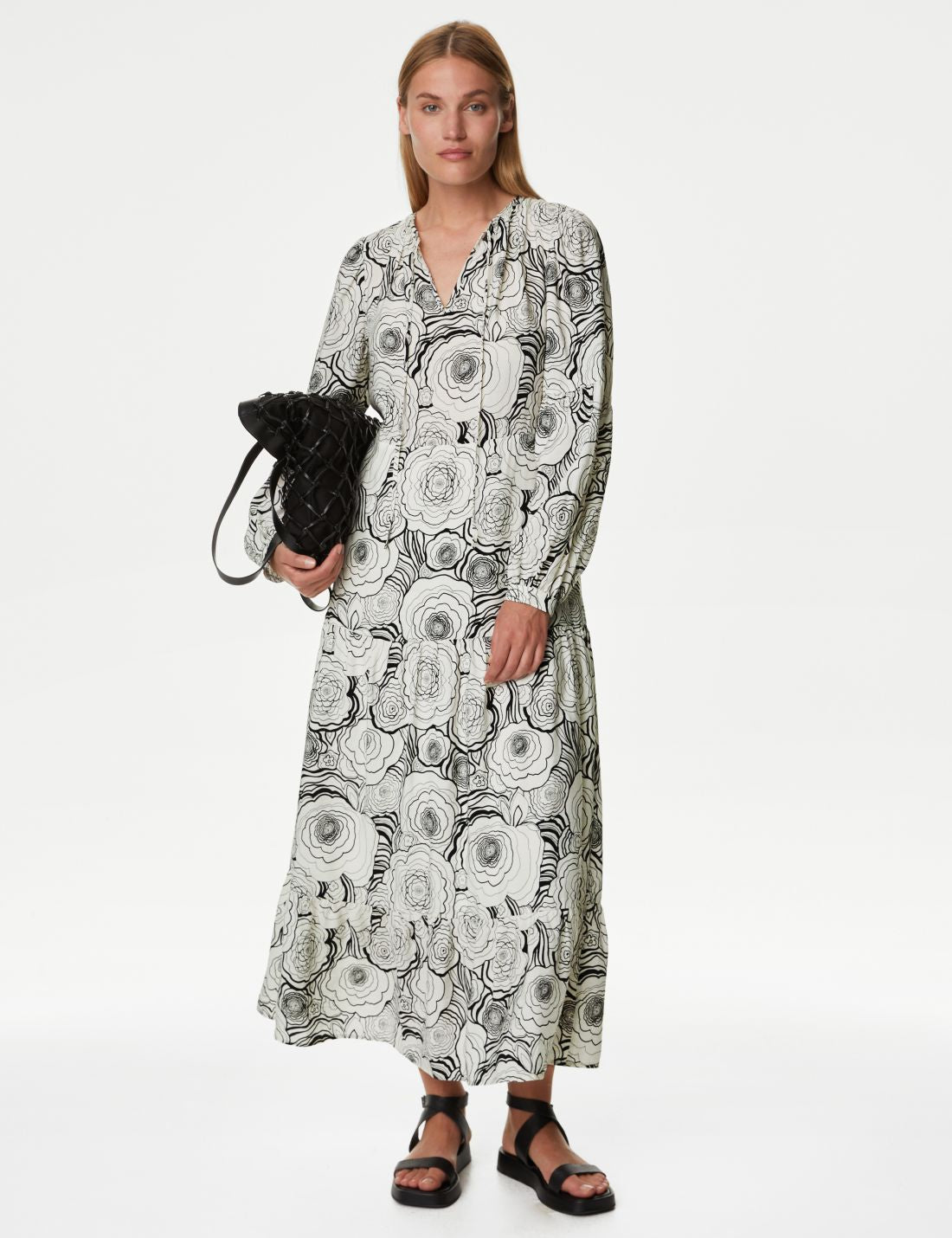 Relaxed Fit Çiçek Desenli Midi Elbise