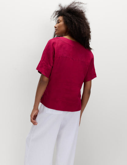 %100 Keten V Yaka Popover Bluz