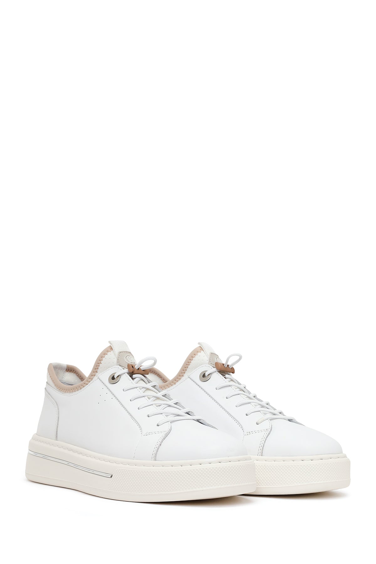 Erkek Beyaz Bağcıklı Kalın Tabanlı Deri Sneaker