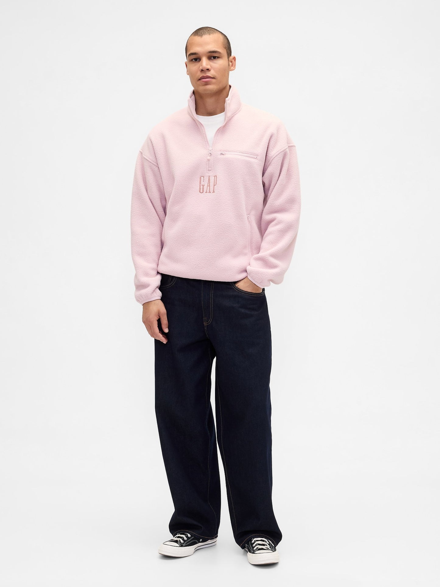 Açık Pembe Sherpa Oversized Yarım Fermuarlı Logo Sweatshirt