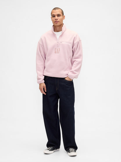 Açık Pembe Sherpa Oversized Yarım Fermuarlı Logo Sweatshirt