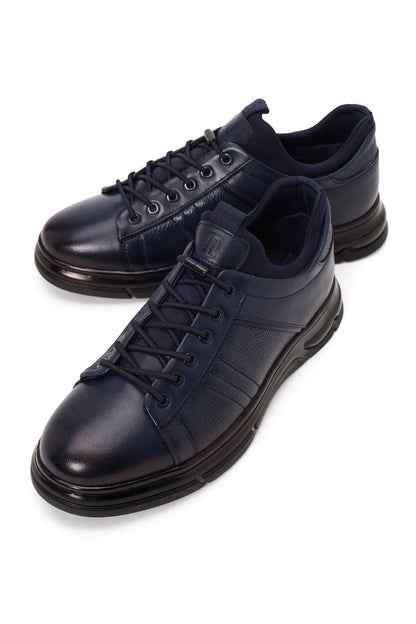 Erkek Lacivert Bağcıklı Deri Sneaker