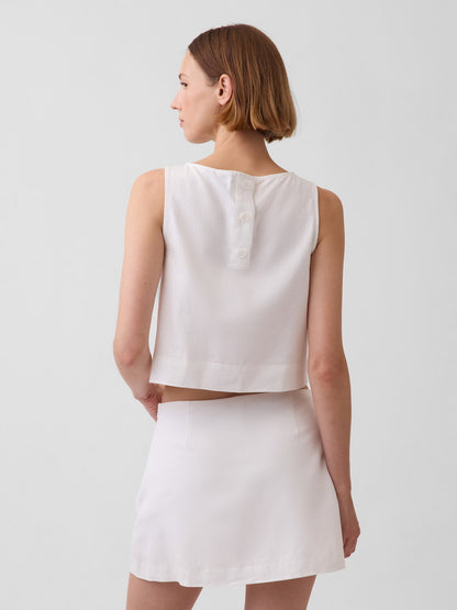Beyaz Linen Karışımı Crop Shell Kolsuz Bluz