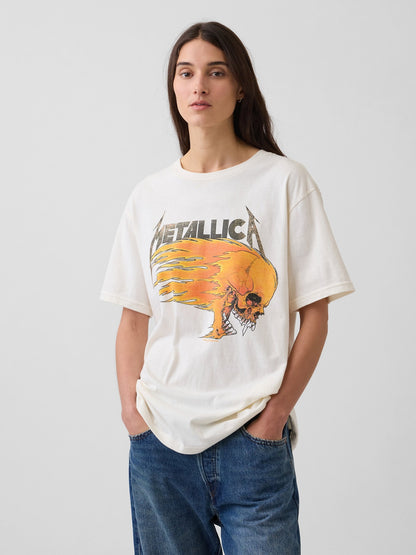 Krem Metallica Relaxed Grafik Baskılı T-shirt