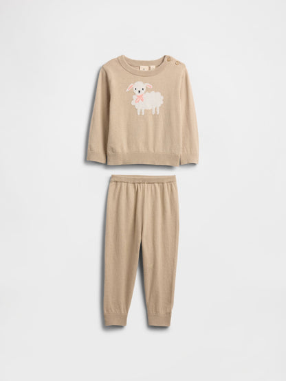Bej Grafik Baskılı Sweat Set